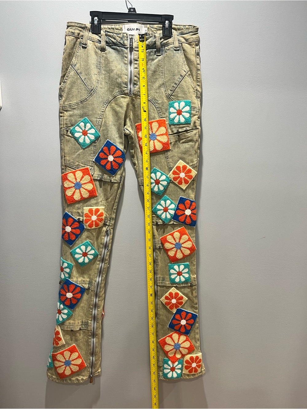 GUAPI Vintage Flowers Denim Stacked Jeans Men’s Size 34 Khaki Patchwork Flared - Picture 2 of 16